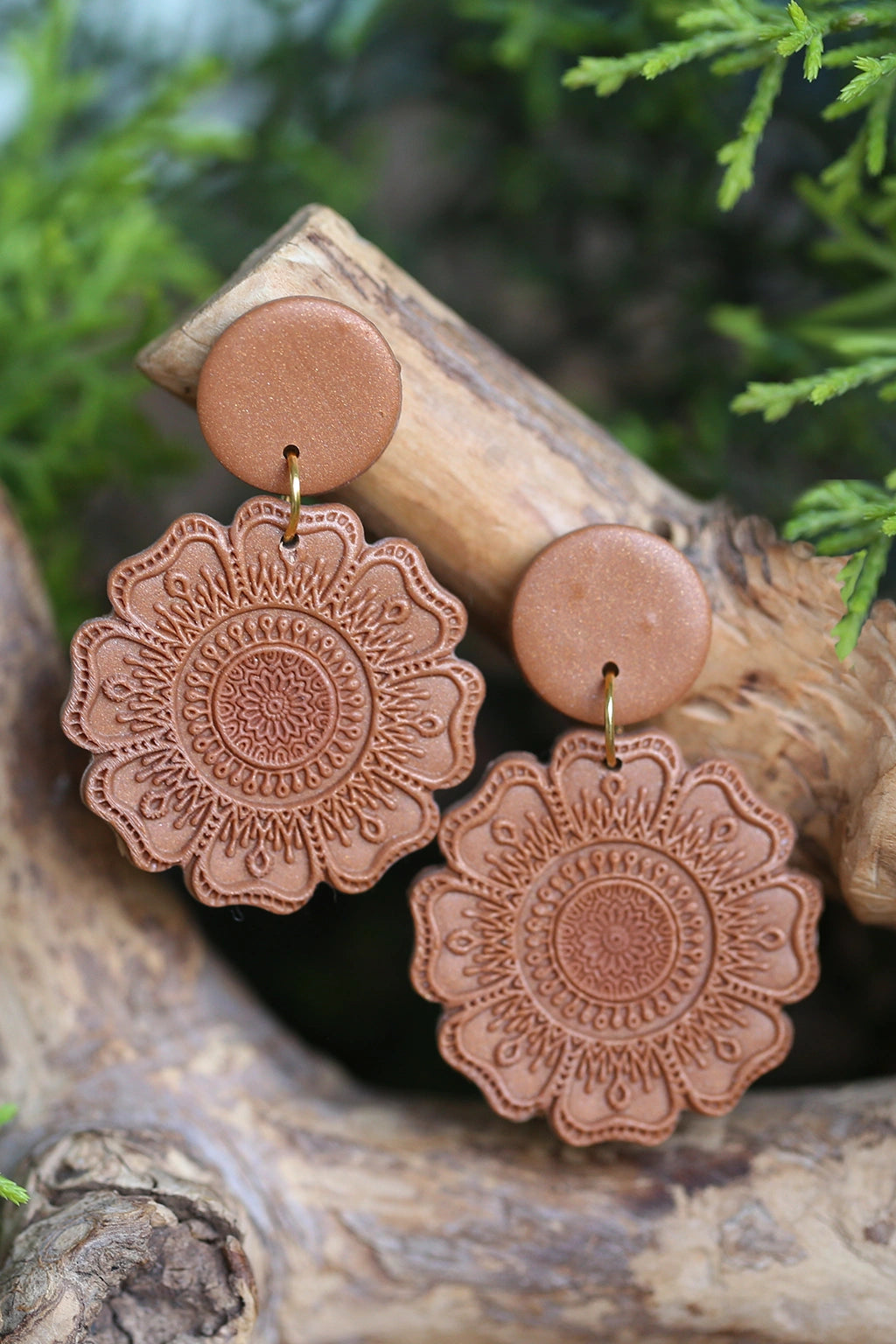 Handmade brown mandala polymer clay earrings made with FIMO Germany clay lightweight waterproof statement jewelry by Seema Clay Jewelry India