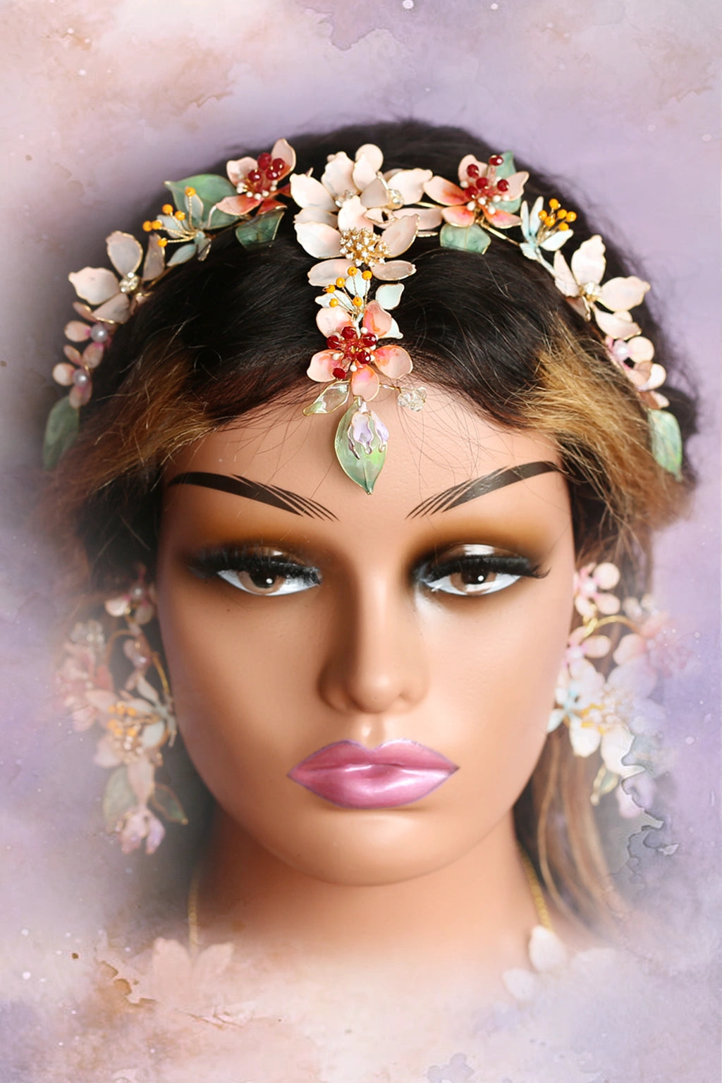 Coral Caress handmade resin flower head jewelry with coral pink, peach, and white floral arrangement, accented with green leaves and pearls – perfect for Haldi, Mehndi, and bridal hair styling.