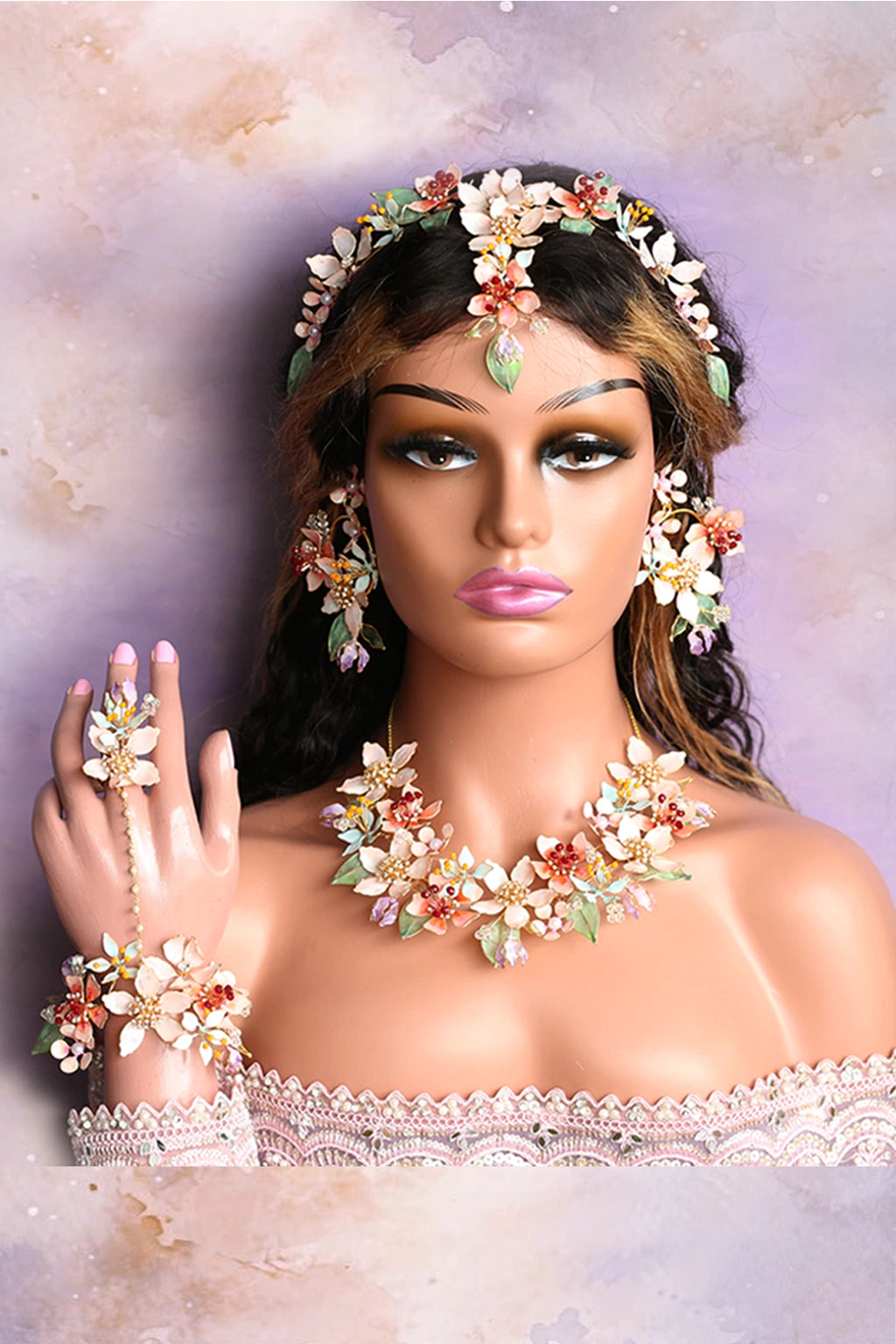 Full bridal look featuring the Coral Caress handmade resin floral jewelry set – includes necklace, earrings, haathphool, bracelet, finger ring, and head jewelry – lightweight, gold-plated, and customizable to match any wedding outfit.