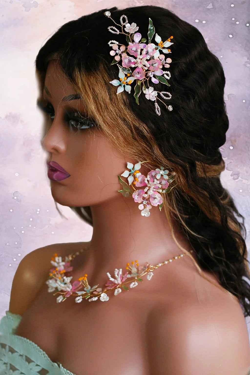 Bride wearing handmade pastel floral resin bridal jewelry set with necklace, earrings, hair accessory and ring – lightweight customizable waterproof design