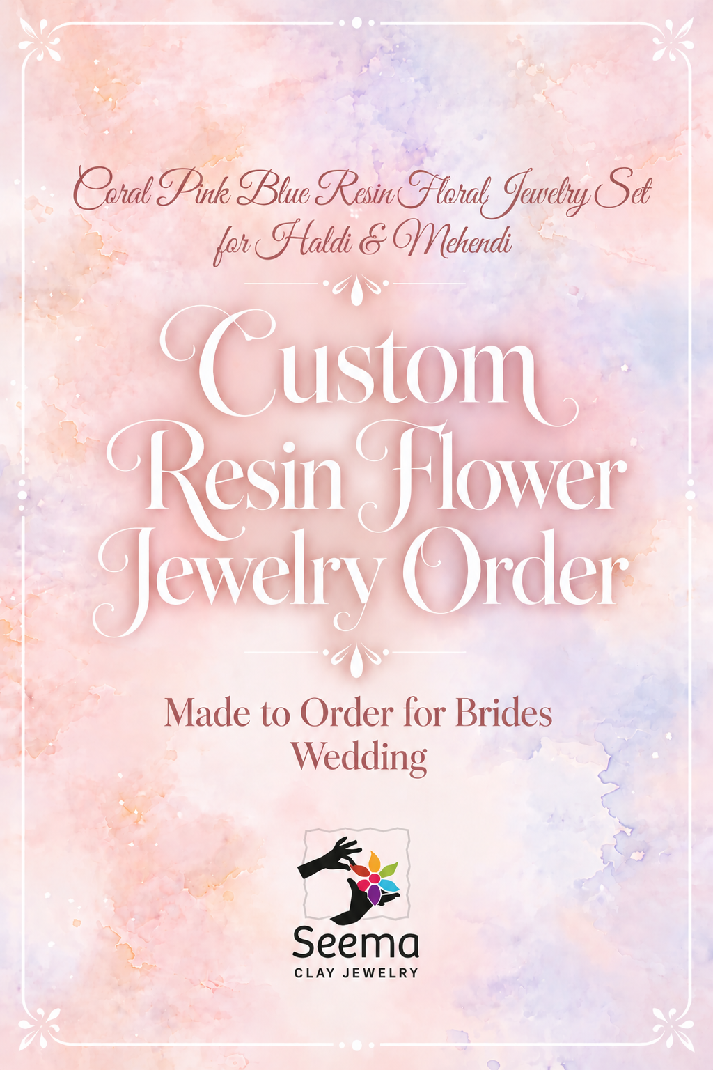 Coral pink and blue resin floral bridal jewelry set for haldi and mehendi, custom order by Seema Clay Jewelry, Bengaluru