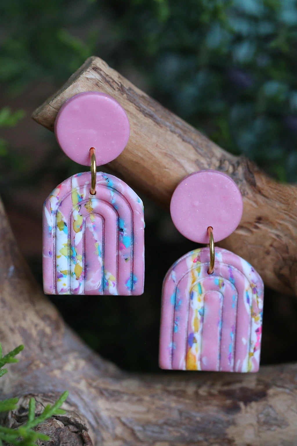 Handmade pink and white marbled polymer clay earrings made with FIMO Germany clay lightweight waterproof modern geometric statement jewelry by Seema Clay Jewelry