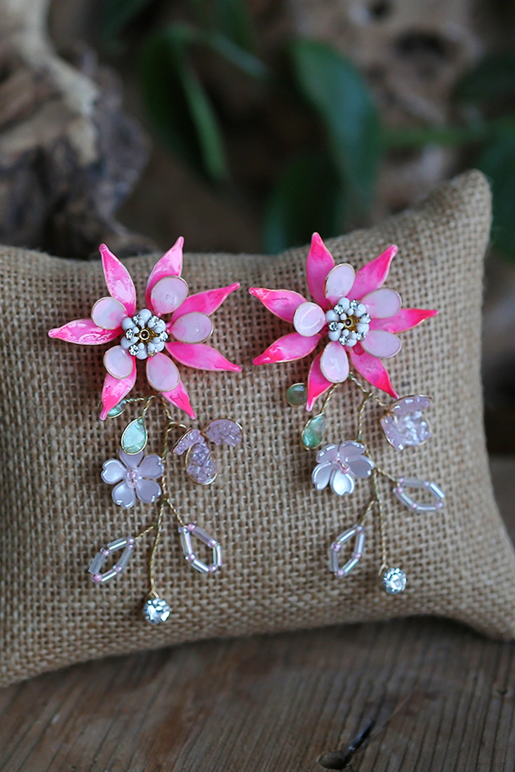 Handmade pink floral resin stud earrings with hanging beads and gold detailing — lightweight bridal jewelry by Seema Clay Jewelry.