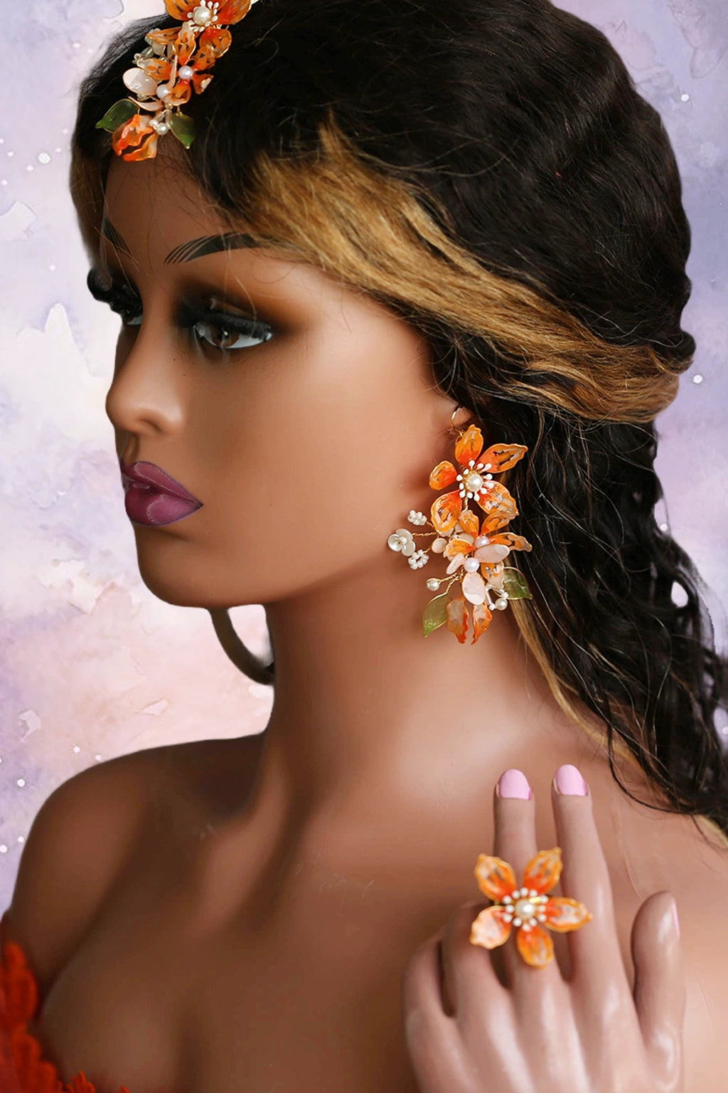 Women wearing Handmade orange resin floral bridal earrings, finger ring and Maangtika