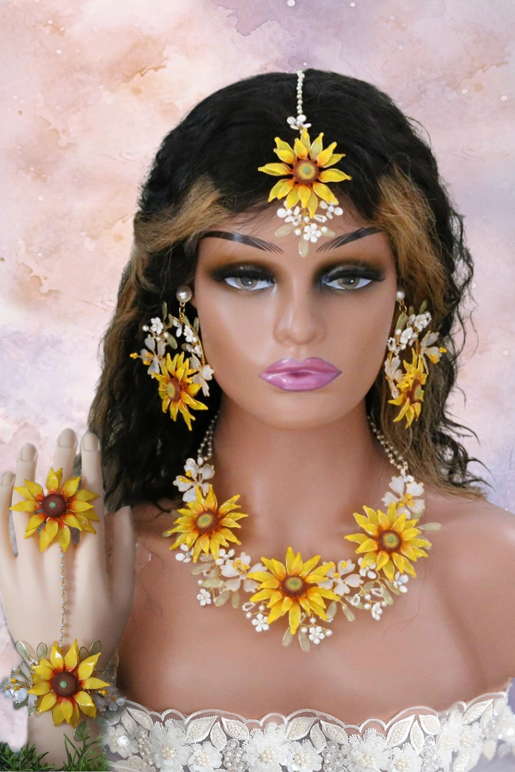 Sunflower Serenity handmade resin floral bridal jewelry set with necklace, earrings, maangtika, finger ring, haathphool, and waistbelt in golden yellow and ivory – lightweight, waterproof, customizable.