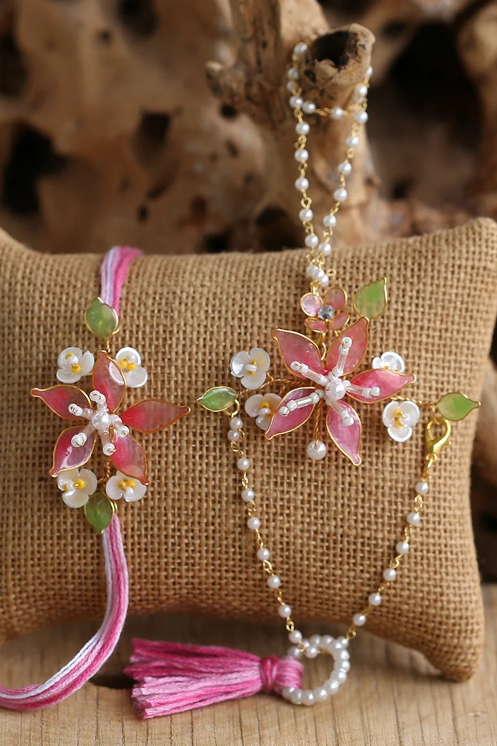 Rosaline Bond – Rose Pink Floral Resin Rakhi & Lumba Set