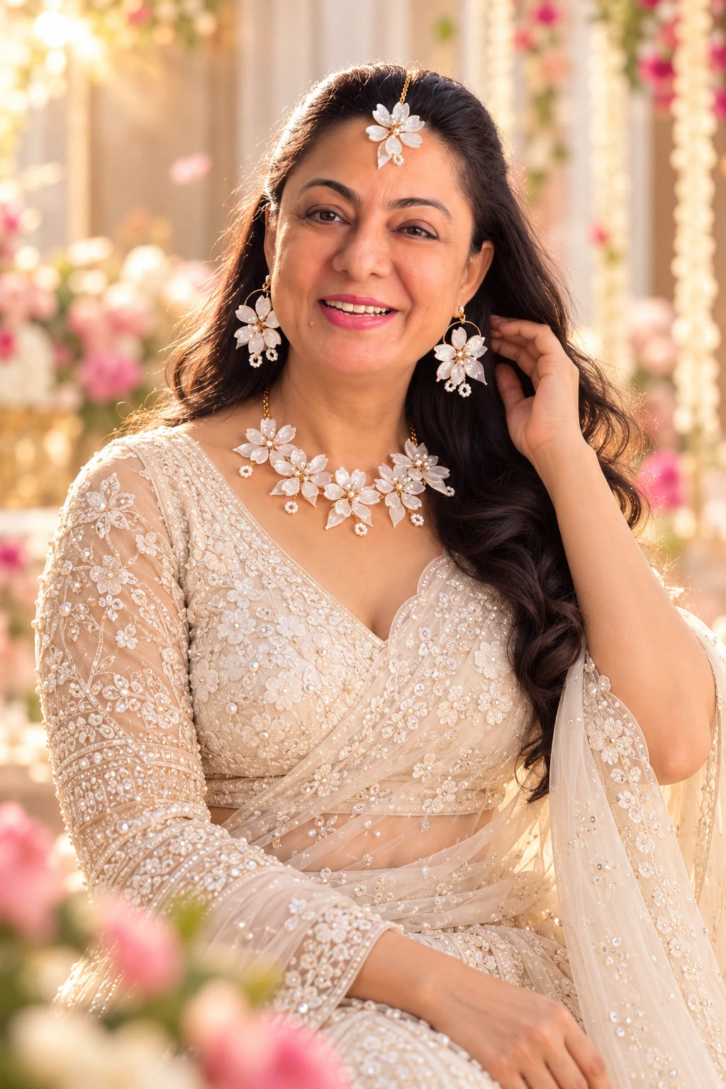 Bride wearing White Pearl Resin Flower Bridal Necklace, Earrings and Maangtika