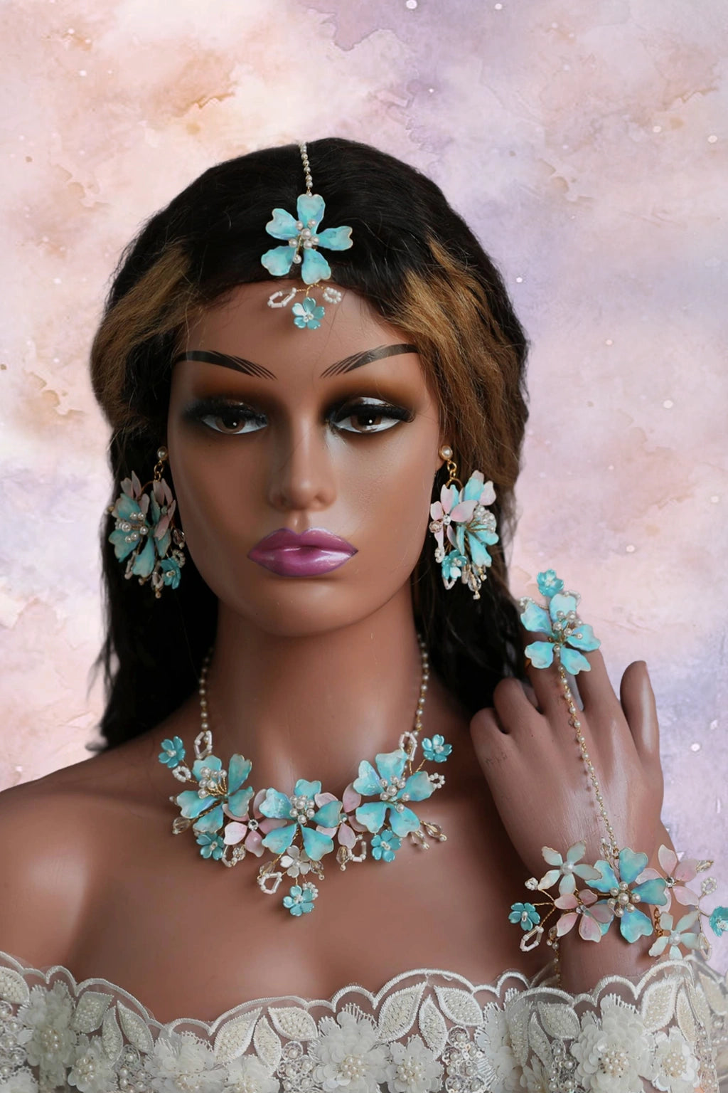 Handmade pastel aqua pink resin floral haldi bridal jewelry set with necklace earrings maang tikka and hathphool