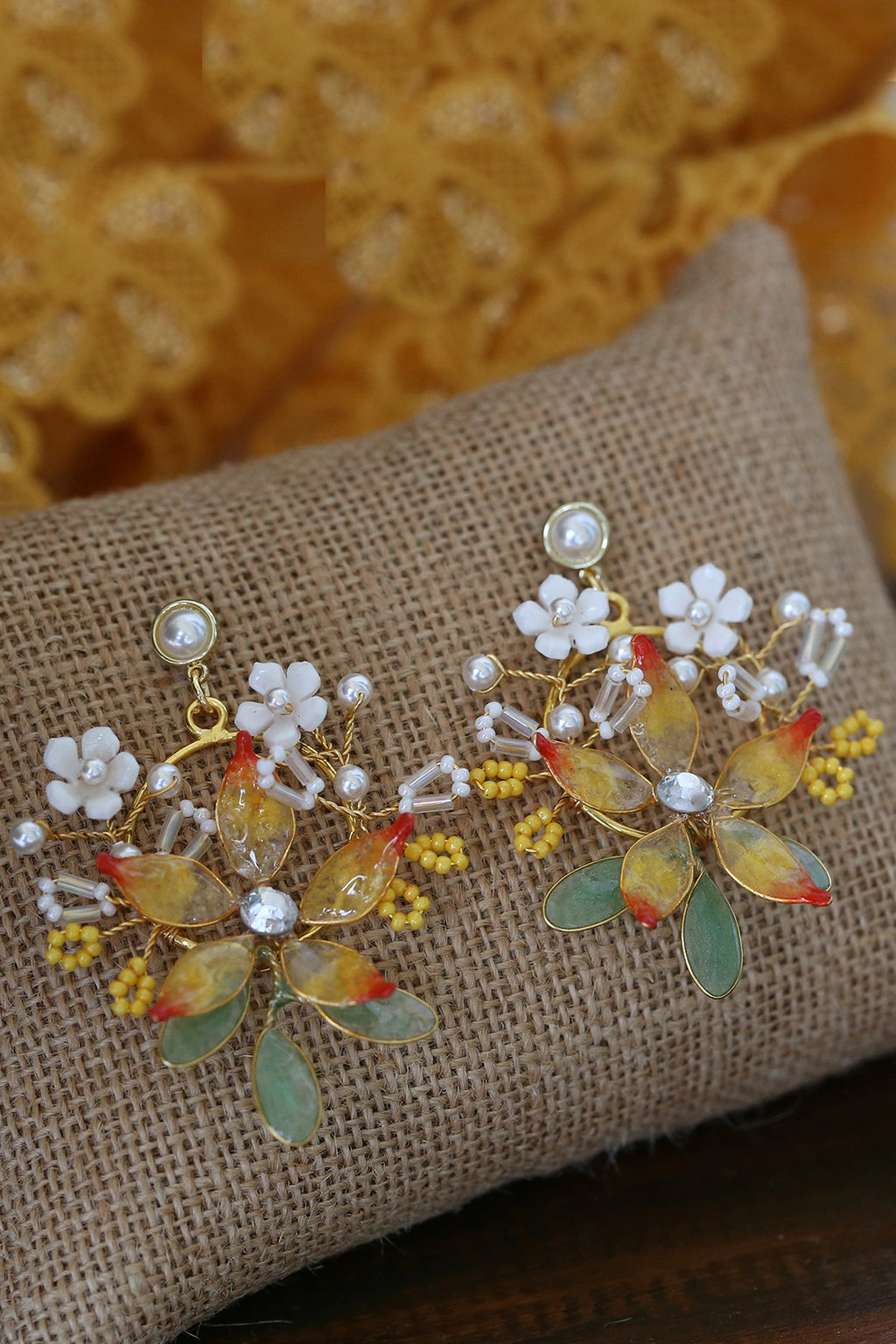 Handmade resin flower earrings for Indian bridal haldi ceremony, gold-plated lightweight jewelry with floral design and customizable colors