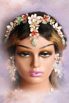 Coral Caress handmade resin flower head jewelry with coral pink, peach, and white floral arrangement, accented with green leaves and pearls – perfect for Haldi, Mehndi, and bridal hair styling.