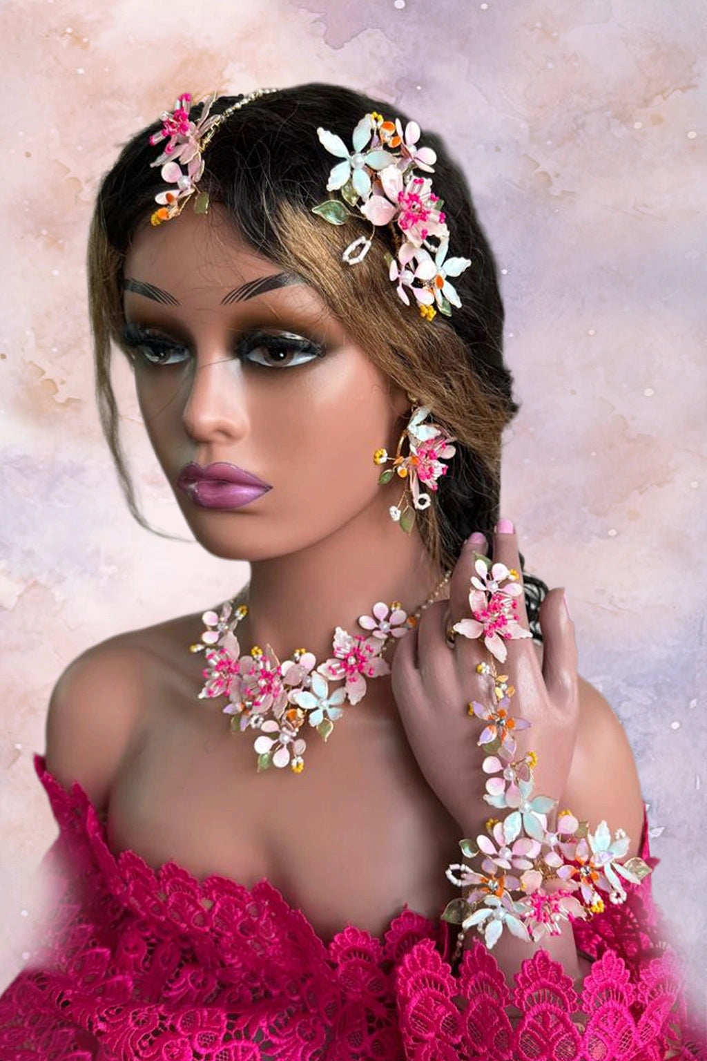 Gomathy handmade resin floral haldi bridal jewelry set with pastel flowers necklace earrings maang tikka haath phool hair vine lightweight waterproof