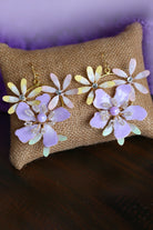 Handmade pastel lavender resin floral earrings with crystal accents and gold finish – Lavendula Lyra bridal earrings