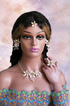 Handmade resin floral haldi bridal jewelry set Nidhi in ivory pastel flowers with necklace earrings maang tikka and ring lightweight waterproof