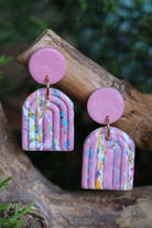Handmade pink and white marbled polymer clay earrings made with FIMO Germany clay lightweight waterproof modern geometric statement jewelry by Seema Clay Jewelry