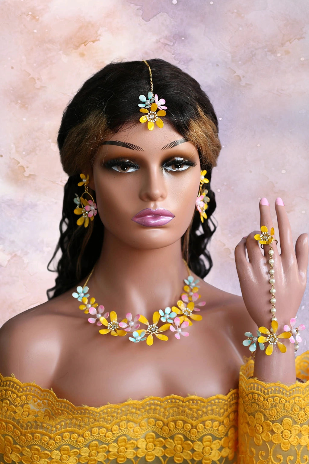 Yellow handmade resin floral Haldi bridal jewelry set Pooja with necklace earrings maang tikka haath phool bracelet and ring for Indian bride
