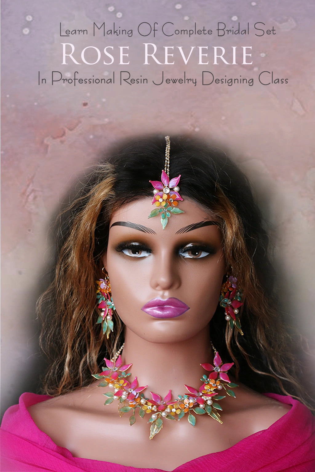 Mannequin wearing handmade resin flower bridal jewelry set featuring pink flowers with green and gold leaves — learn to create this in the Rose Reverie resin jewelry class.