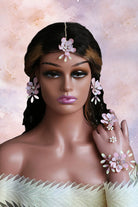 Rosa pastel pink handmade resin floral Haldi bridal jewelry set with  earrings maang tikka haath phool bracelet and ring