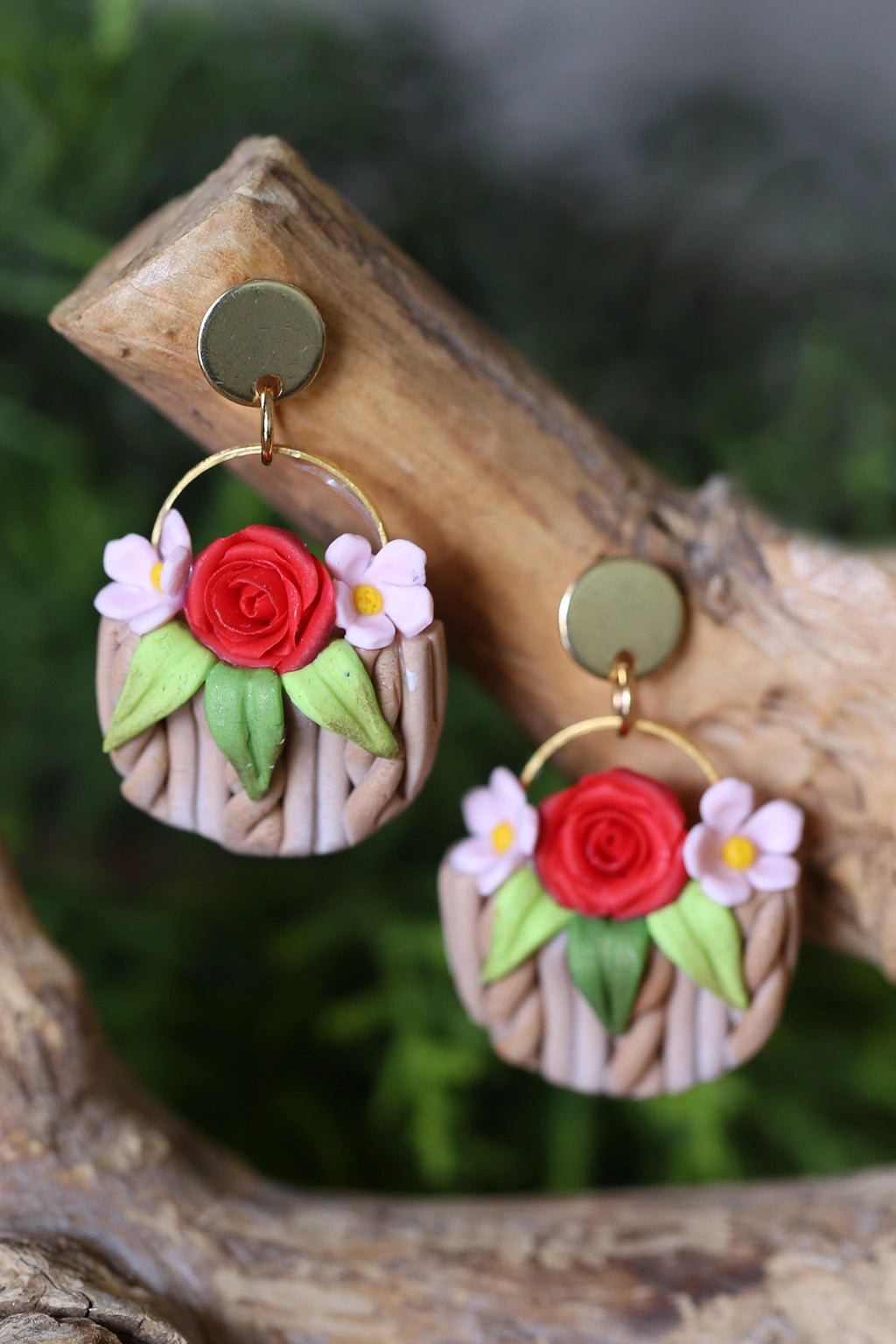 Handmade polymer clay rose basket earrings – lightweight waterproof floral jewelry with red roses and pastel flowers, unique Rosara design.