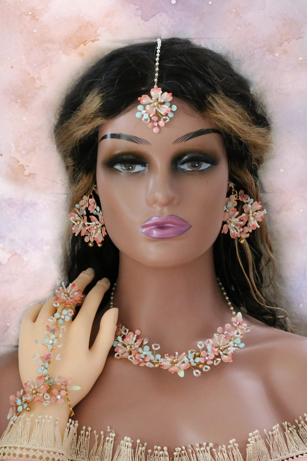 Seraphina’s Bloom handmade resin floral bridal jewelry set in blush pink, aqua, and gold-plated copper – lightweight, customizable necklace, earrings, maangtika & haathphool.