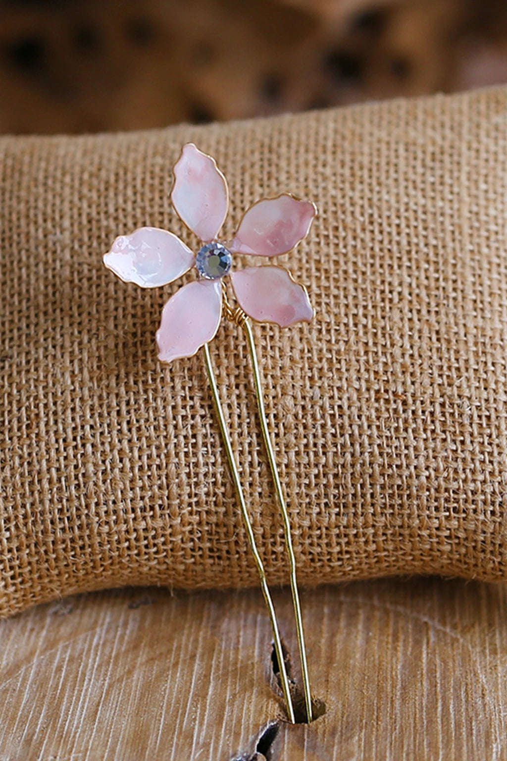 Handmade blush pink resin floral bridal hair pin with crystal centre, lightweight waterproof wedding hair accessory for bridal bun