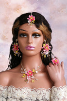 Handmade pink resin floral haldi bridal jewelry set with necklace earrings maang tikka and finger ring