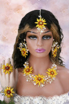 Sunflower Serenity handmade resin floral bridal jewelry set with necklace, earrings, maangtika, finger ring, haathphool, and waistbelt in golden yellow and ivory – lightweight, waterproof, customizable.