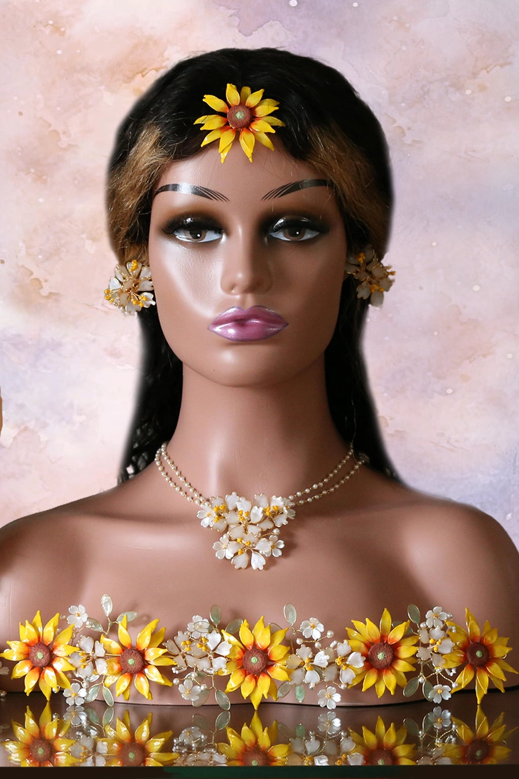 Manequinn wearing Handmade resin sunflower waistbelt with white blossoms, gold-plated copper wire, and pearl accents – customizable lightweight bridal kamarband for Haldi & Mehndi.