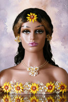 Mannequin wearing minimalist resin white floral bridal necklace with pearl chain – lightweight customizable jewelry inspired by Sunflower Serenity bridal set.