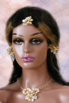 Handmade resin floral bridal maangtika with gold accents – Vaishnavi’s White Blossom – lightweight customizable wedding jewelry