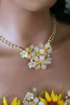 Minimalist resin white floral bridal necklace with pearl chain – lightweight customizable jewelry inspired by Sunflower Serenity bridal set.