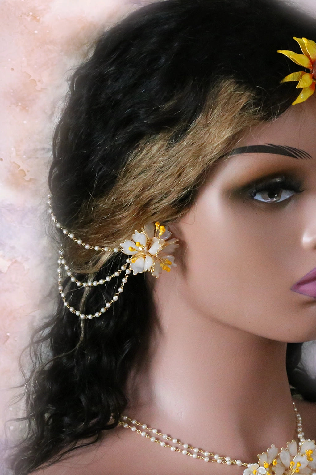 Handmade resin floral bridal earrings with pearl hair harness – Vaishnavi’s White Blossom – lightweight customizable wedding jewelry