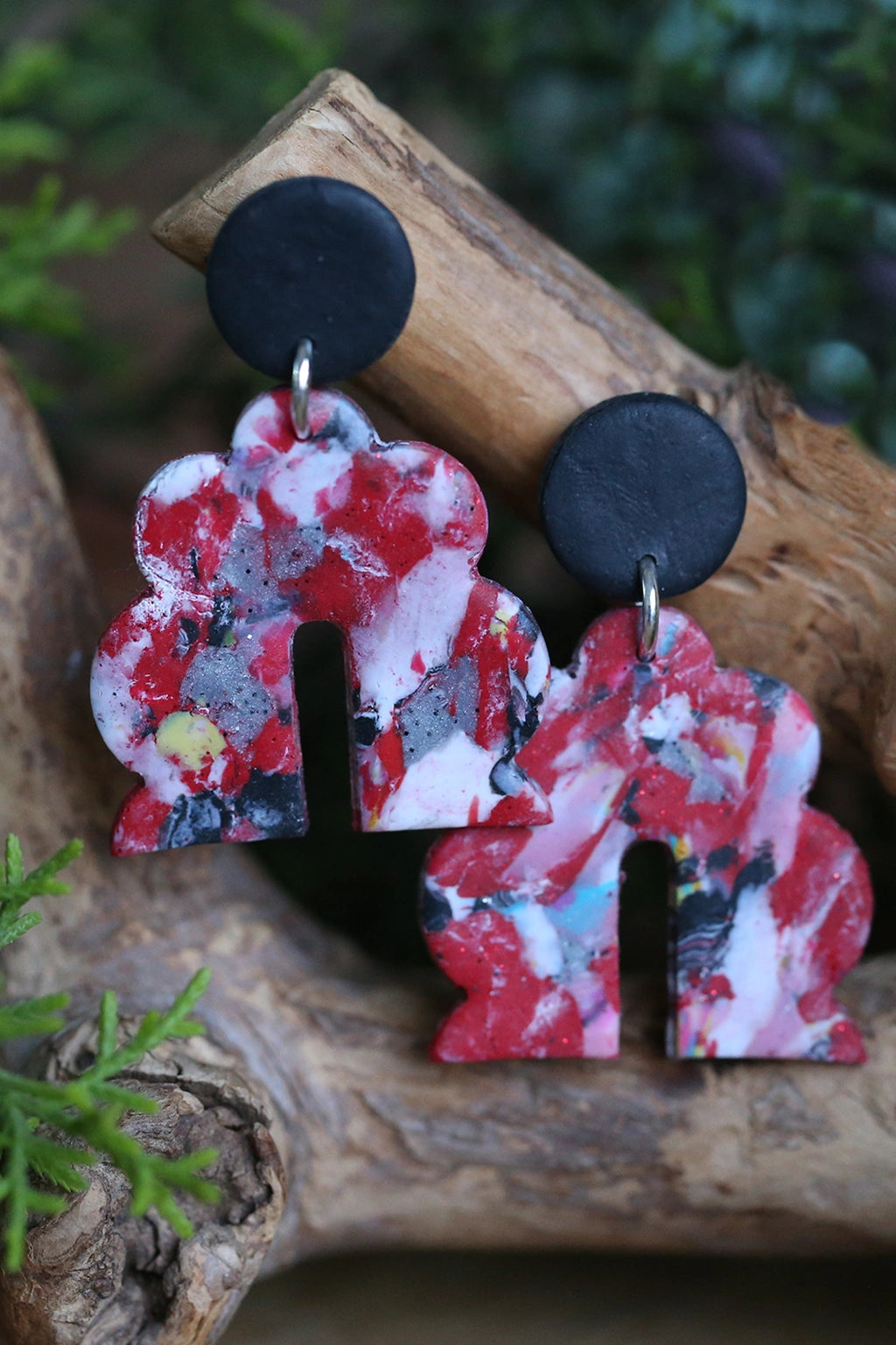 Handmade red marbled polymer clay big arch earrings made with FIMO Germany clay lightweight waterproof modern geometric statement jewelry by Seema Clay Jewelry