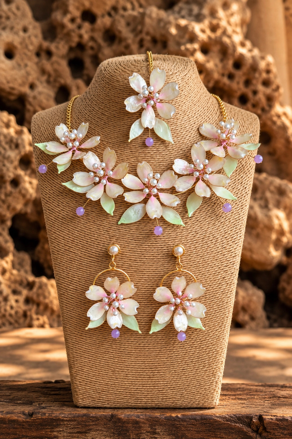 Blush pink resin flower bridal jewelry set with pearl bead necklace, earrings and maang tikka on a display stand