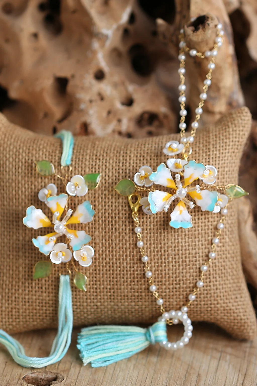 Mint floral resin Rakhi and Lumba set with detachable pearl hand harness, handmade for Raksha Bandhan