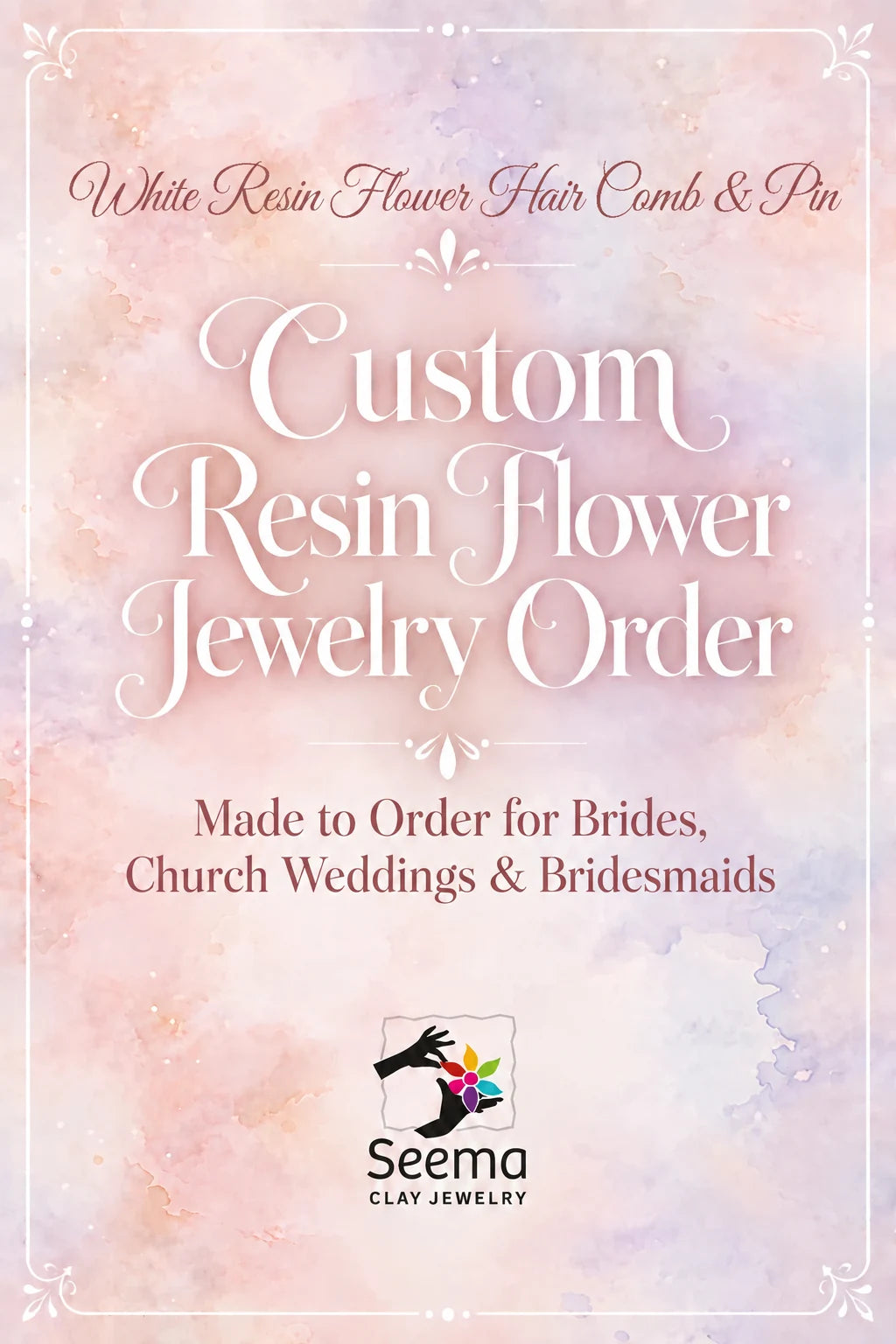 White resin flower bridal hair comb with silver crystal sprays, custom order by Seema Clay Jewelry, Bengaluru