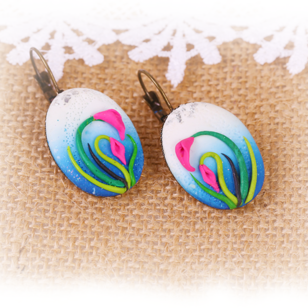 Blue Sky Pink Calla Lily Flower Earrings