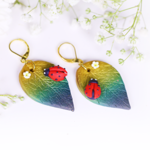 Lady bug Gold Green Leaf Earrings