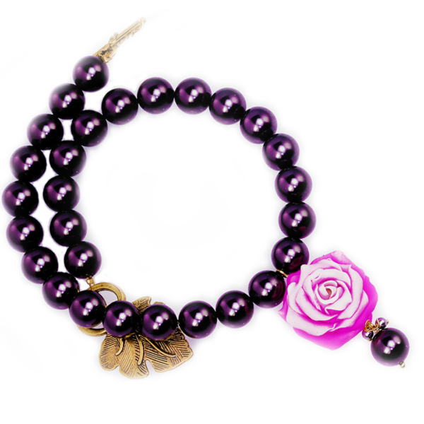 Pink Rose and Black Swarovski Pearl Bracelet