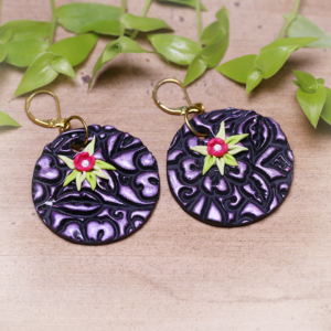 Textured Pink Black Round Earrings