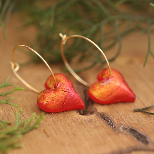  Handmade Polymer Clay Red Gold Pillow Heart Earring's Hoop