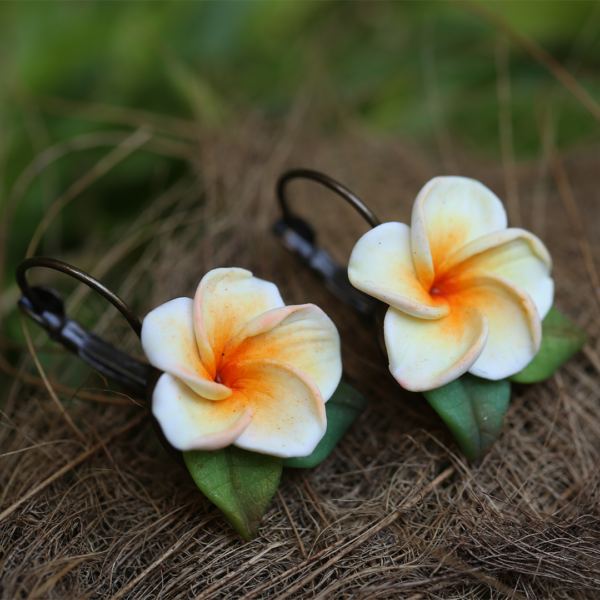 Plumeria Flower Frangipani White Yellow Flower Small Earrings