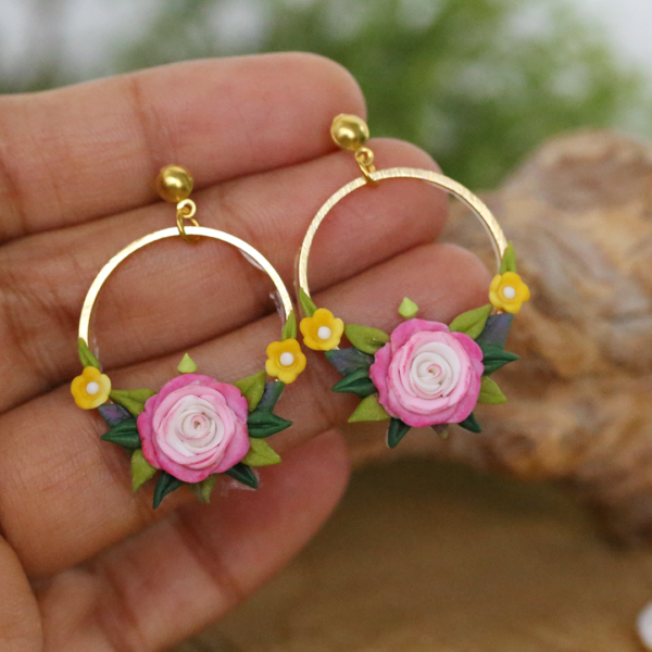 Pink Rose Ear Hoops Earrings