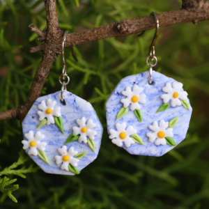 Blue White Daisy Earrings