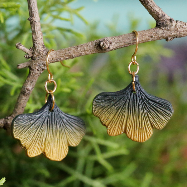 Golden Black Ginkgo Leaf Earrings