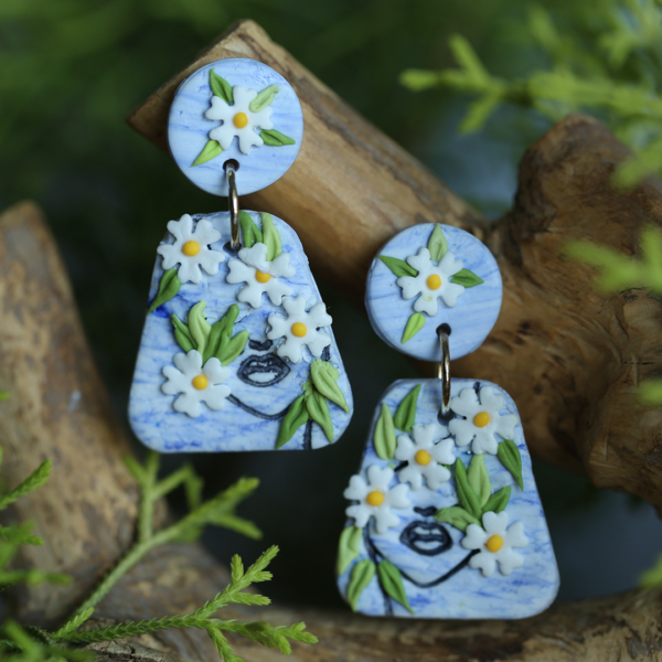 White Blue Flower Face Earrings