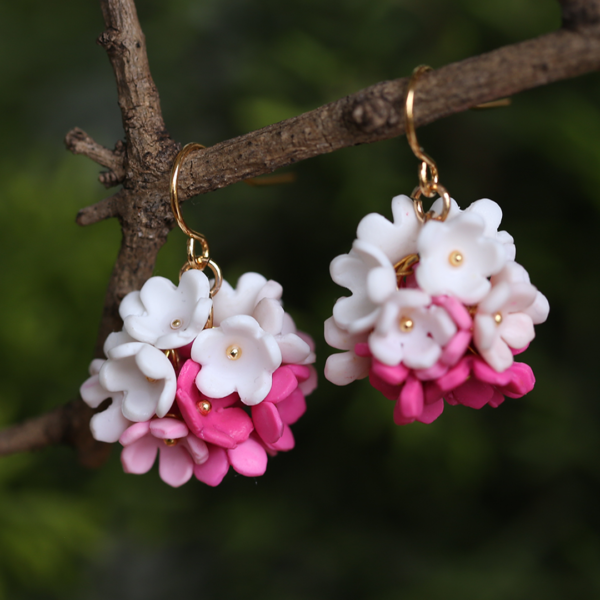 White Pink Flower Ball Earrings