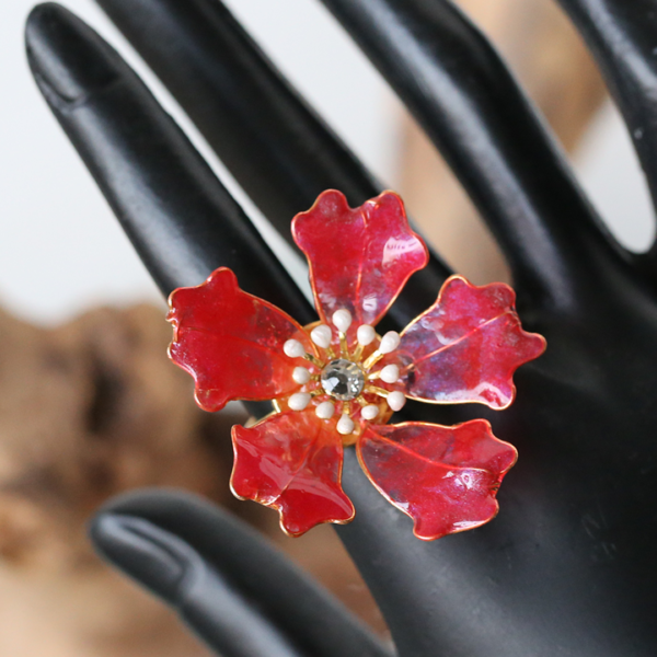 Flower Finger Ring Claret Red