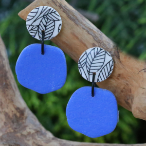 Blue White Leaf Print Earrings